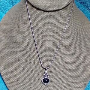 Elegant Black and Crystal Silvertone Pendant Necklace vintage